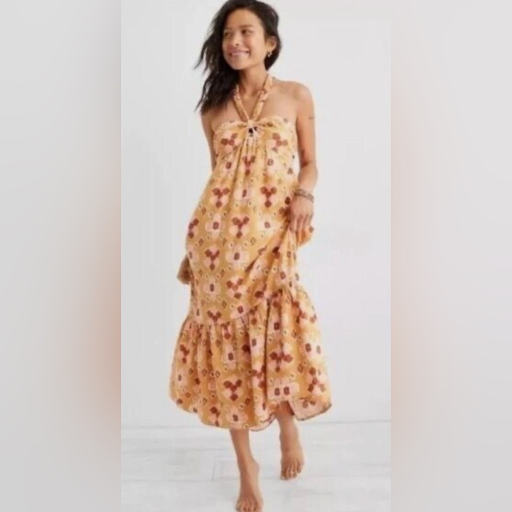 NWT Boho/ Coastal AERIE Braided Halter Dress Mustard Yellow Batik L…